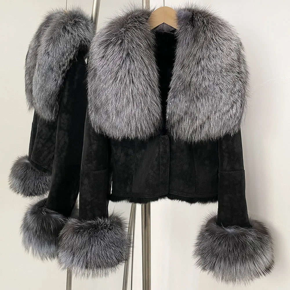 Hot Selling High-quality Big Raccoon Fur Collar Or Fox Fur Collar Winter New Suede Jacket Women Short Fashionable Slim Coat - Matrix Studios