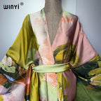 WINYI kimono beach outfits women Swim Suit Cover up boho Cardigan stitch Self Belt Holiday long Sleeve coat holiday kaftan coat - Matrix Studios
