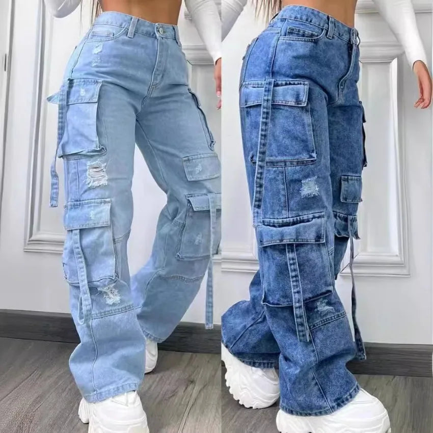High Waist Multi Pocket Jeans Women 2025 New  Fashionable Solid Color Versatile Large Size Cargo Pants - Matrix-studios.com