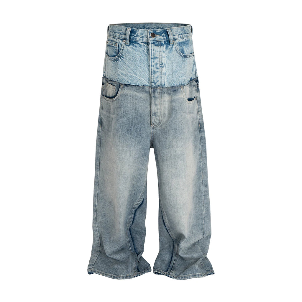 CUT-UP Double-layer Double Waist Patchwork Baggy Jeans for Men and Women Straight Casual Loose Denim Trousers Oversized - Matrix Studios