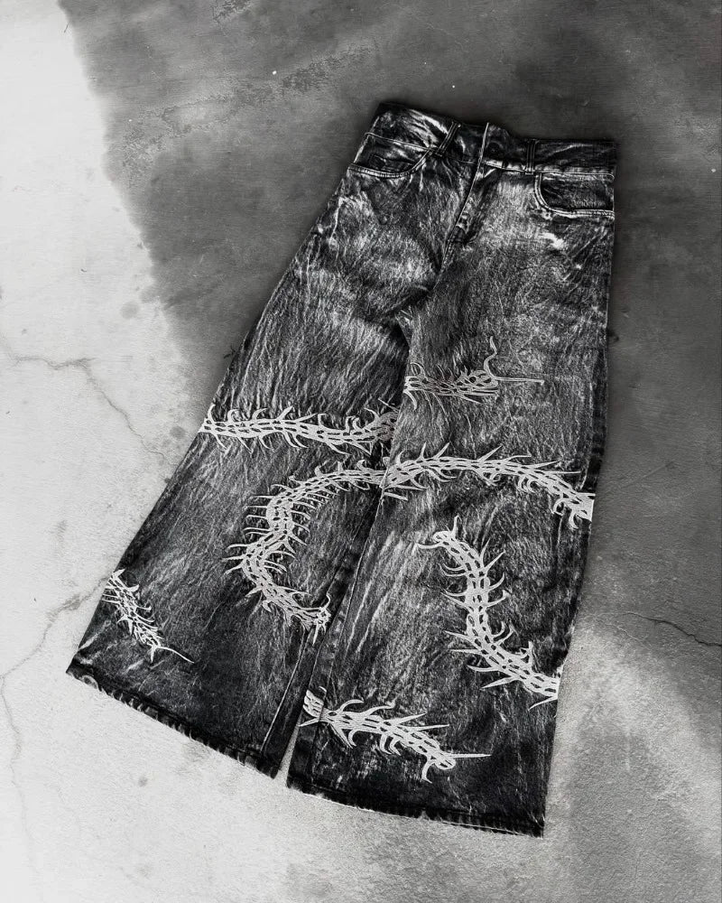 Y2K New Retro Centipede Embroidery Pattern Washed Oversized Wide-Leg Pants Street Gothic Harajuku Floor Pants For Men and Women - Matrix Studios