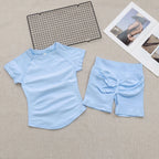 Women's Summer 2 Piece Yoga Outfit Slim Fit Short Sleeve Top High Waist Tummy Lifting Butt Shaping Shorts for Gym Running Daily - Matrix-studios.com