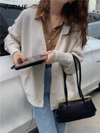 CJFHJE Beige Pockets Knitted Sweater Coats Women Loose Single-breasted V-neck Purple Cardigan Female Autumn Casual Red Cardigans - Matrix Studios