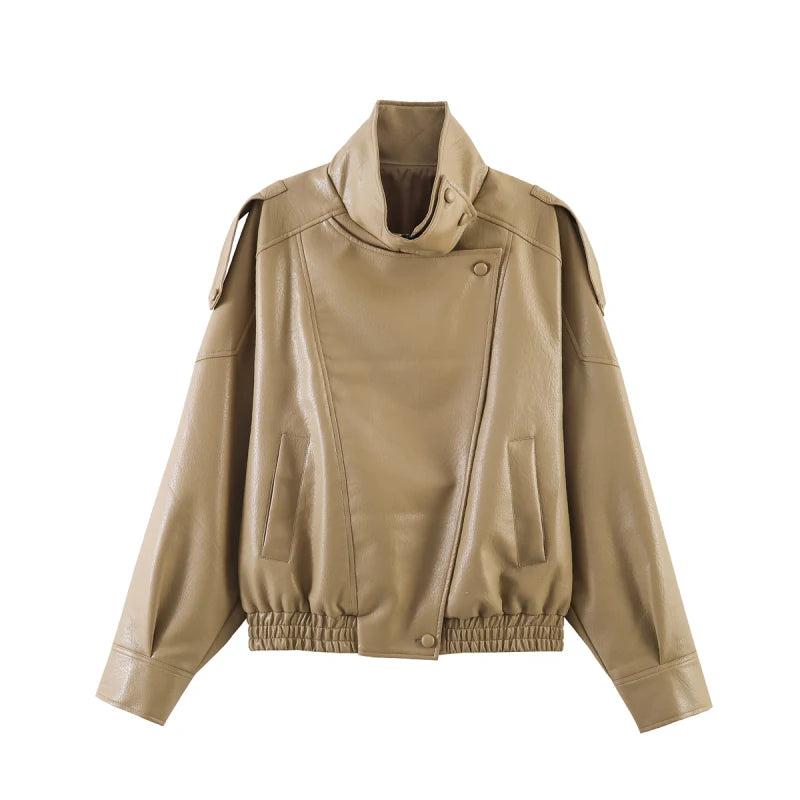 HH Autumn Faux Leather Jacket For Women Casual Solid Long Sleeve Zipper Pu Leather Coats New Fashion Female Streetwear - Matrix Studios