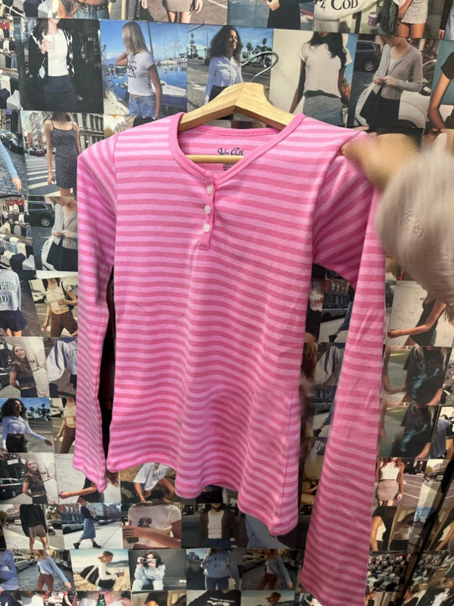 Pink Striped Slim Long Sleeve Tees Women Spring Casual Cotton O-neck Tshirt New Tops Clothes Sweet Cute  Vintage T-shirts Y2K - Matrix-studios.com