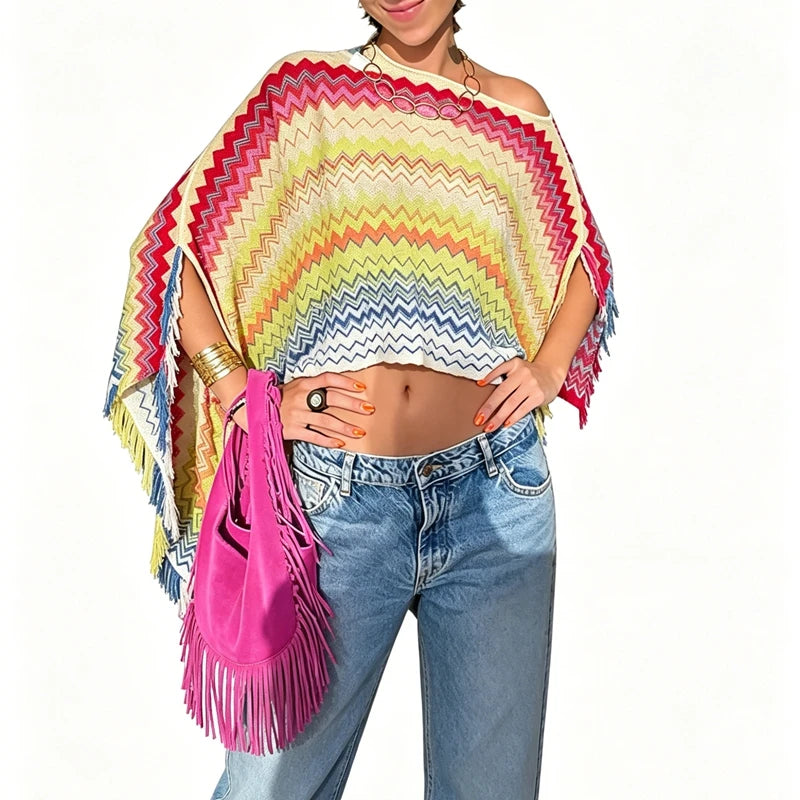 Combhasaki Women Knitwear Bikini Cover-up See-through Solid Off Shoulder Irregular Triangle Hem Loose Pullover Summer Beach Tops - Matrix Studios