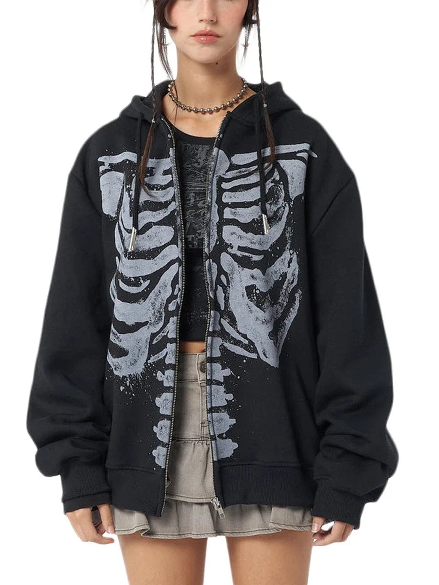 Halloween Women Spring Autumn Casual Hooded Coat Long Sleeve Skull Print Zipper Hoodie Grunge Long Sleeve Top Gothic Sweatshirt - Matrix Studios