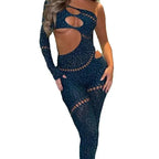 Whatiwear Rhinestones Patchwork Jumpsuit Women Sexy Hollow Skew Collar Single Sleeve Hottie Midnight Club Party Coquett Overalls - Matrix Studios