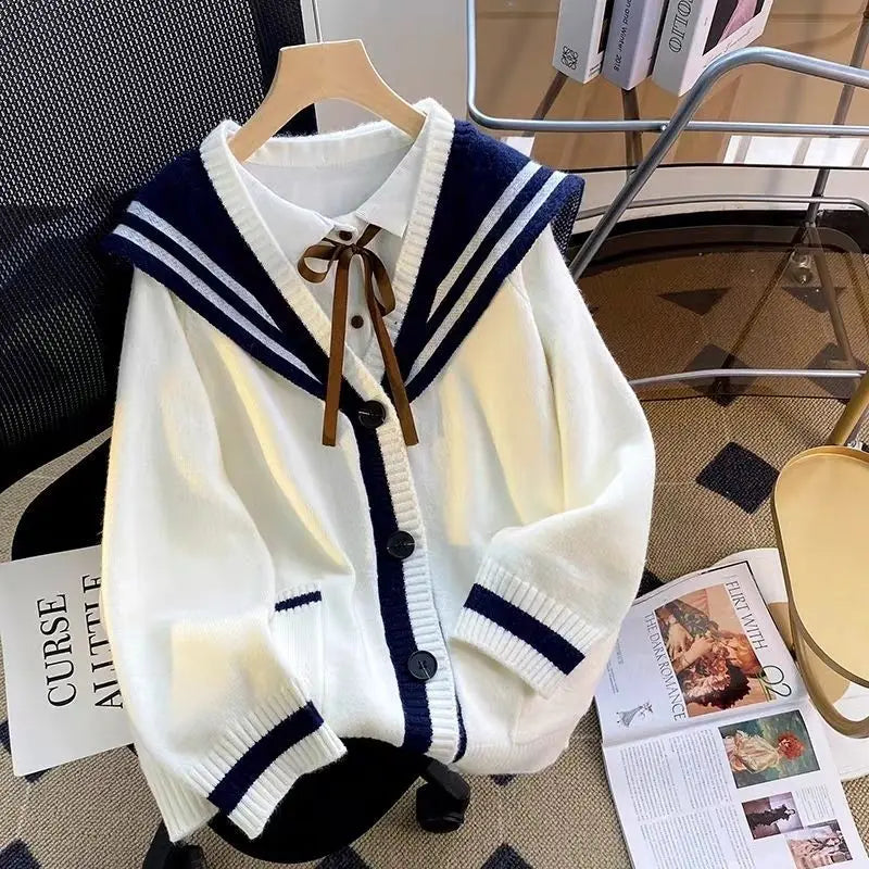 Sweet Sailor Collar Sweaters for Women 2025 New Loose College Style Cardigan Woman - Matrix Studios