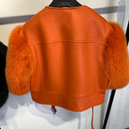 Leather Fur Jacket Natural Fur Sleeve Ladies Short Leather Jacket Real Fox Fur Sleeve Coat Women Autumn 21001-1 - Matrix Studios