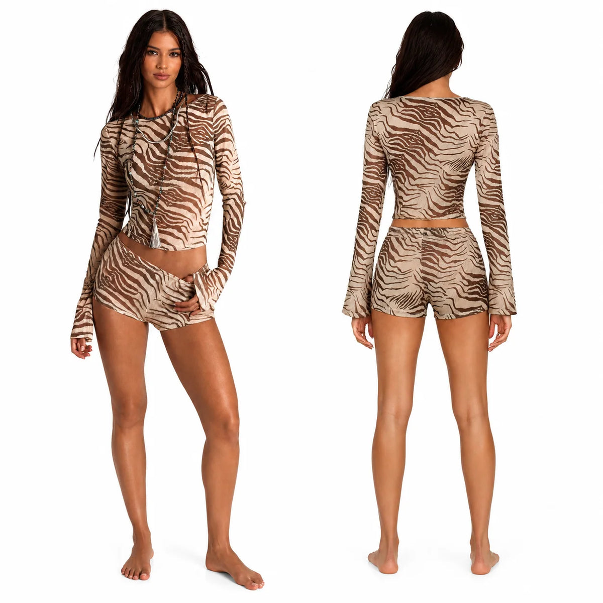 Y2K Sheer Mesh 2 Piece Matching Set for Women, Brown Zebra Print Flare Long Sleeve Crop Top and Low Rise Shorts, See‑Through Beach Cover‑Up Co‑Ord Outfits - Matrix-studios.com