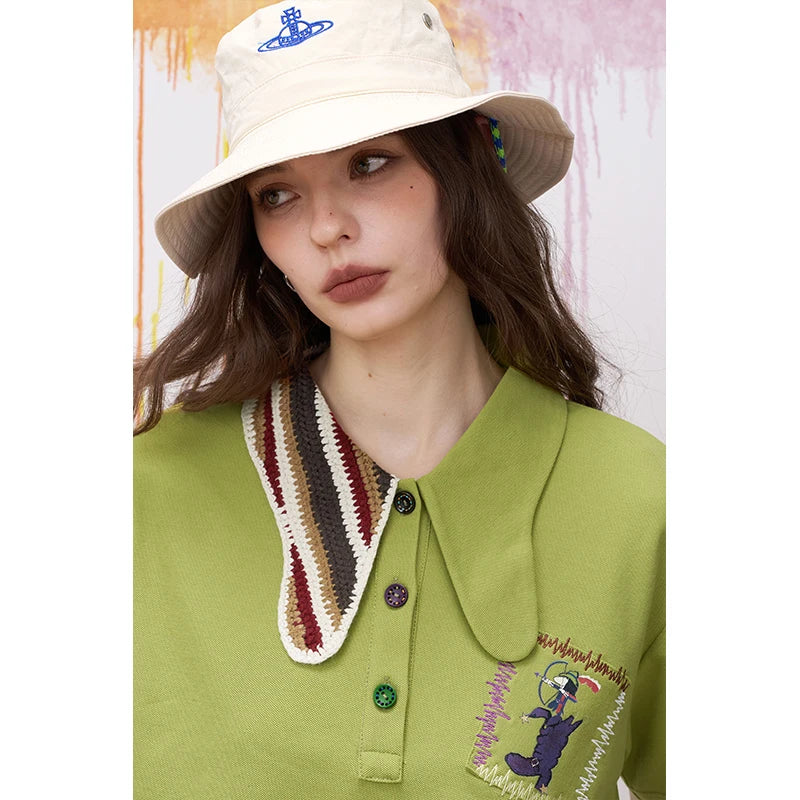 ELFSACK Asymmetric Crochet Collar Polo Shirt with Cartoon Embroidery for Women - Matrix-studios.com