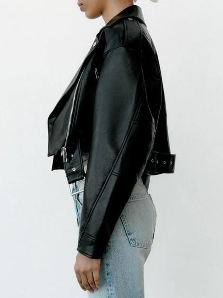 Ailegogo Spring Autumn Women Faux Pu Leather Short Jacket with Belt Motorcycle Biker Female Zipper Lapel Loose Coat Outwear - Matrix Studios