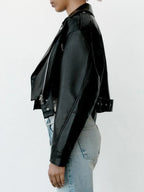 Ailegogo Spring Autumn Women Faux Pu Leather Short Jacket with Belt Motorcycle Biker Female Zipper Lapel Loose Coat Outwear - Matrix Studios