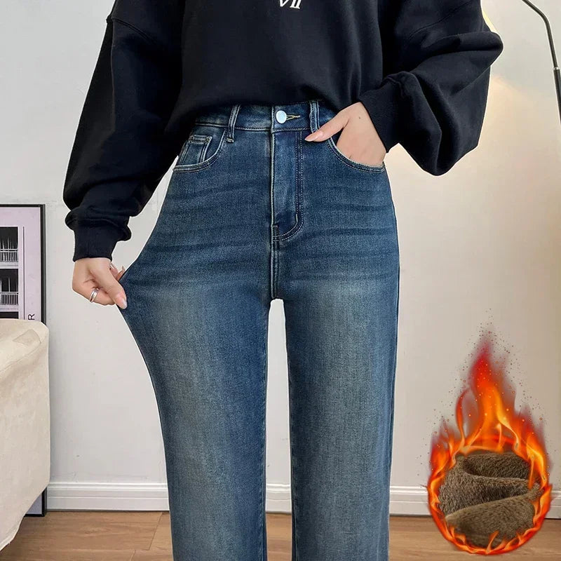 Winter Thickened Women's Mink Velvet Jeans Loose Straight Warm Soft Fleece Fashion Elastic High Waist Female Pants Black Blue - Matrix-studios.com