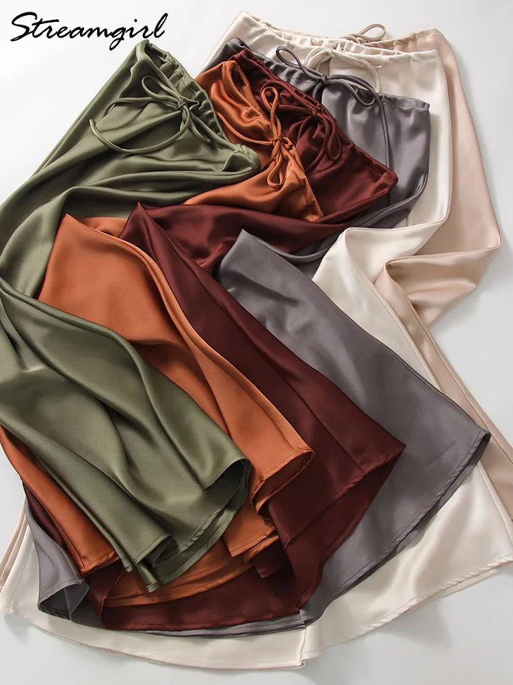 Brown Long Satin Skirts Women Luxury Maxi Autumn Summer High Waist Silk Black Skirt Long Straight Shining Beige Satin Skirt Maxi - Matrix-studios.com