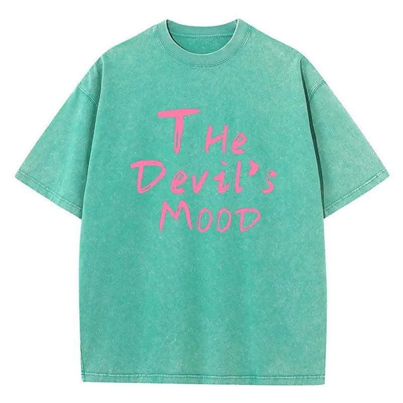 Fashion Womans Cotton Washed T-shirts The Devil's Moon Letter Prints Tops Casual O-Neck Oversize Tees Street Female Clothes - Matrix-studios.com
