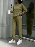 Women Cable Knit 2 Piece Outfit Set, Crewneck Long Sleeve Sweater Top & Drawstring Jogger Pants, Casual Loose Matching Loungewear Tracksuit For Street Daily Wear