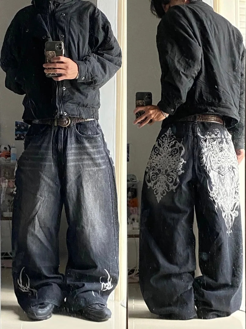 Y2K vintage black thorn Printing baggy jeans harajuku trend brand men women street hip hop fashion casual couple Wide-leg pants - Matrix Studios