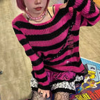 New Streetwear Top Punk Gothic Long Unisex Sweater Summer Women Striped Cool Hollow Out Hole Broken Jumper Loose Rock Thin Dark - Matrix Studios