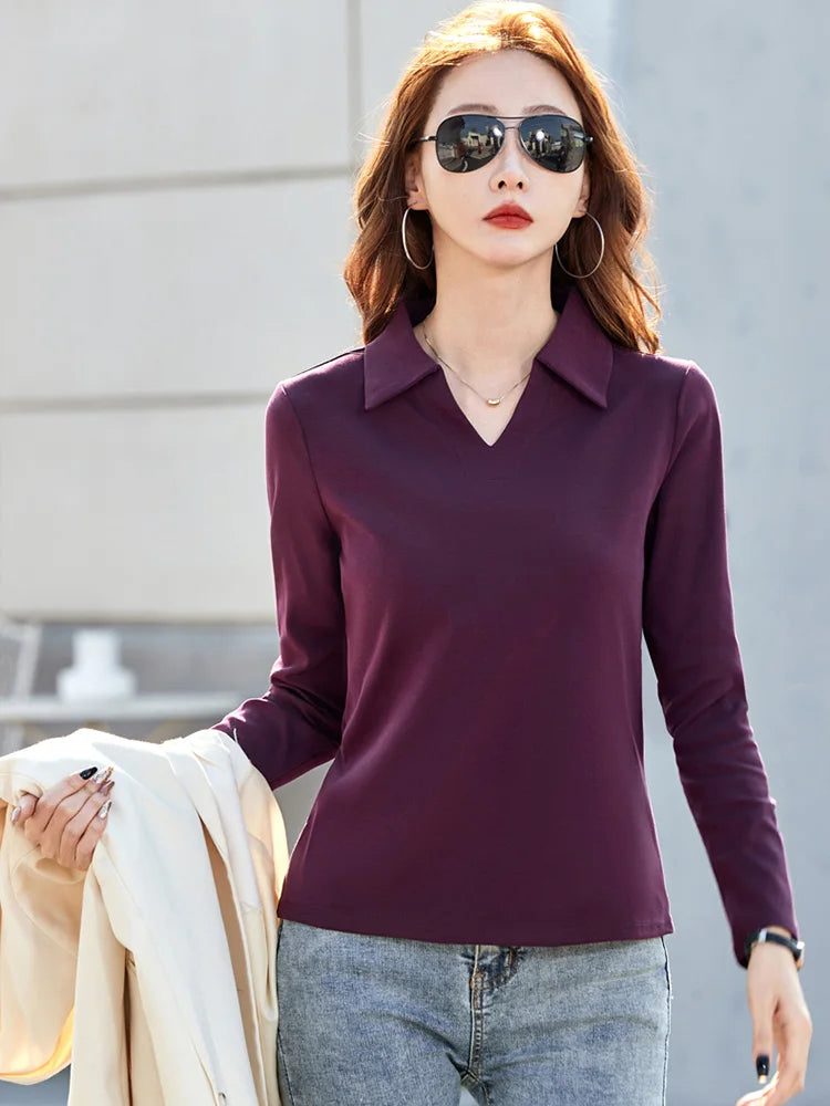 New Women Spring Summer Long Sleeve Cotton T-shirt Fashion Turn-down Collar Loose Polo Tees Simplicity Casual Basic T-shirt - Matrix-studios.com