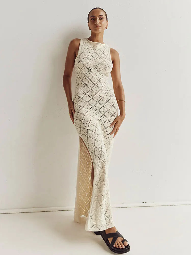 Sexy Cut Out Slit Knit Mesh Swimsuit Cover Up Pareo Tunic 2026 Summer Beach Maxi Dress Bikini Cover-ups Women Beachwear A2318 - Matrix Studios