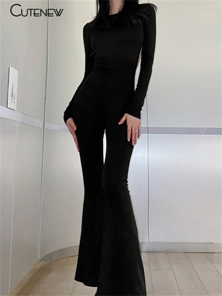 Cutenew Solid Black Sexy Backless Bodycon Wide Leg Jumpsuit Women Autumn Casual Slim Long Sleeve O-Neck Playsuit Lady Streetwear - Matrix Studios