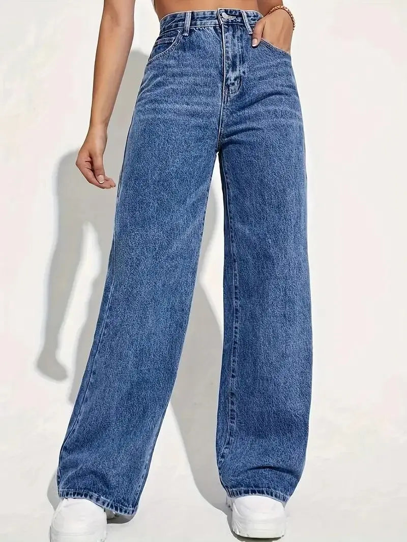 Fashion retro blue jeans women y2k High street baggy straight pants High waisted all-in-one slim pants - Matrix-studios.com