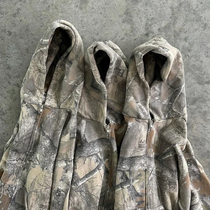Y2K Retro Zip Up Hoodie Men Camouflage Pattern Zipper Sweatshirt High Street Hip Hop Streetwear Oversized Unisex Camo Hoodie - Matrix Studios
