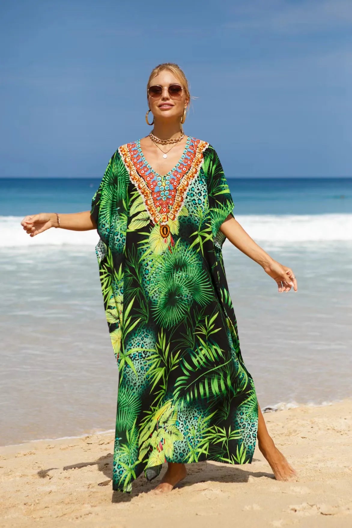 Kaftan Dresses Tropical Printed Cover Ups for Swimwear Women Elegant Maxi Robe Holiday Bathing Suits Dropshipping Hot Sales - Matrix Studios