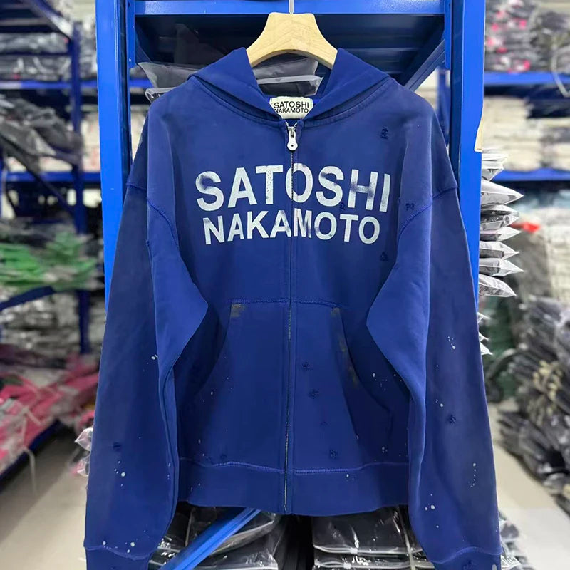 26FW Satoshi Nakamoto Zip Up Hoodie Vintage Distressed High Street Worn Out Print Men Women Hooded Pullover Real Photo - Matrix-studios.com