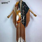 WINYI Kimono Cover-ups Summer Boho Print Bikini Cover-up Elegant Fashion Cardigan Sexy Holiday Long Sleeve Tassels Maxi Dress - Matrix Studios