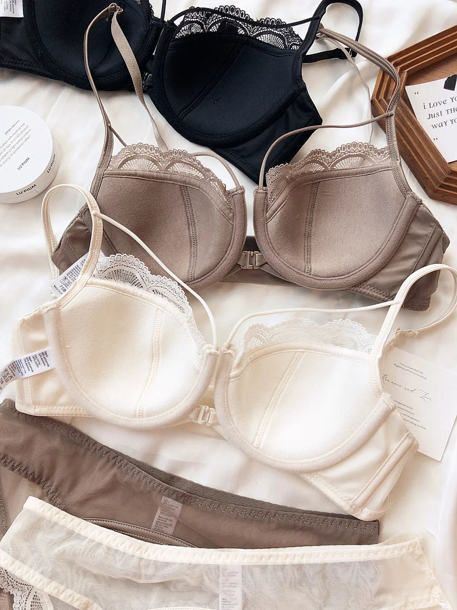 Sexy Hollow Front Buckle Bra Women Underwear Set French Lace Thin Cup Bralette Comfort Gather Push Up Bra and Panties Lingerie - Matrix-studios.com