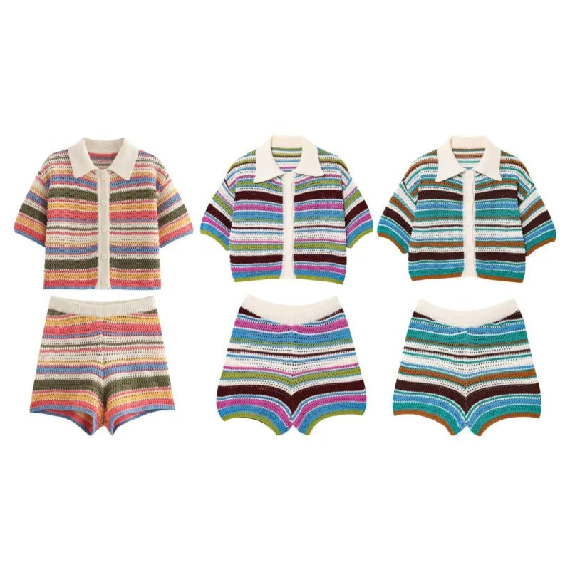 Women Patchwork Striped Hollow Out Crochet Knitted Crop Sweater Shorts Set Short Sleeve Polo Collar Sweater Knit Shorts Suit Y2K - Matrix-studios.com