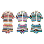 Women Patchwork Striped Hollow Out Crochet Knitted Crop Sweater Shorts Set Short Sleeve Polo Collar Sweater Knit Shorts Suit Y2K - Matrix-studios.com