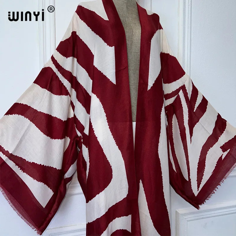 WINYI Kimono Zebra Print Cardigan Abaya Dubai Luxury Elegant Beach Outfits Long Coat Women Sexy Cotton Feeling Dress Kaftan - Matrix Studios