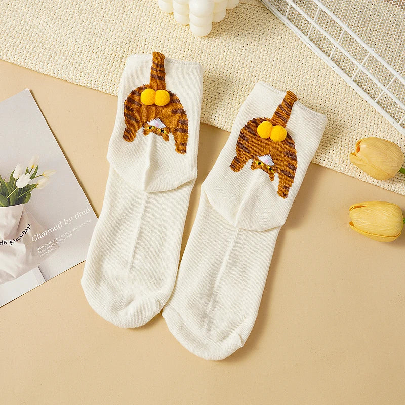 Cartoon 3D Cat Egg Design Middle Tube Socks for Women Soft Breathable Cute and Funny Couple Socks Spring Autumn Cute - Matrix Studios