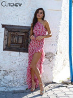 Cutenew Floral Print Women Midi Dresses Fashion Incline Shoulder Bandage Ruffle Splited Vestidos Female Vacation Street Bodycon - Matrix-studios.com