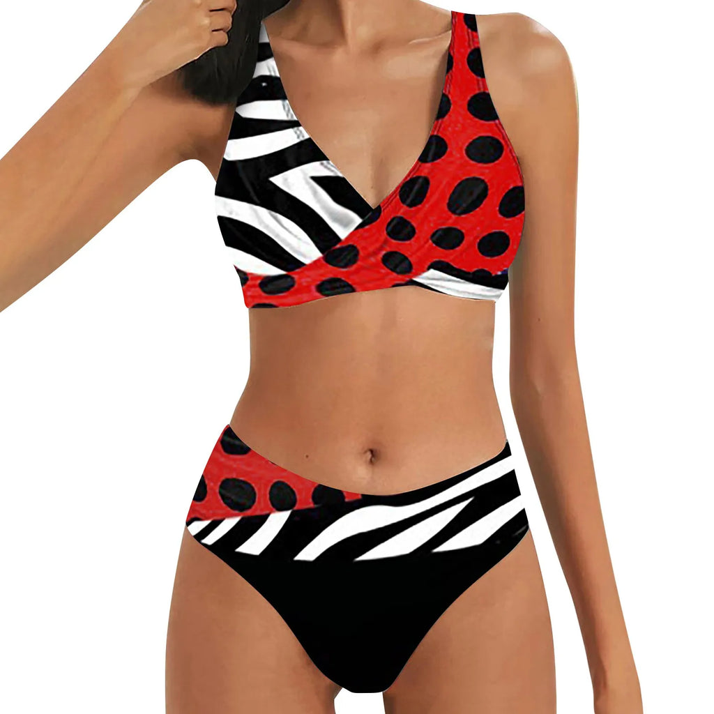 Color Block Two Piece Swimsuit Beach Bikini V Neck Swim Top And High-Waist Bikinibottom Briefs Ladies Tankini Swimwear Beachwear - Matrix-studios.com