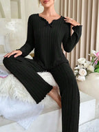 Women Autumn Winter Sleepwear Ribbed Pajamas Set Long Sleeve Top and Long Pants 2 Piece Set Casual Homewear Loungewear - Matrix-studios.com