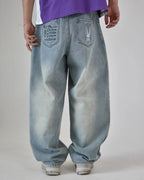 Y2K Men D4C JoJo High Waist Baggy Jeans Women Pink Heart Side Embroidery Loose Fit Washed Denim Pants Streetwear Wide Leg Pants - Matrix Studios