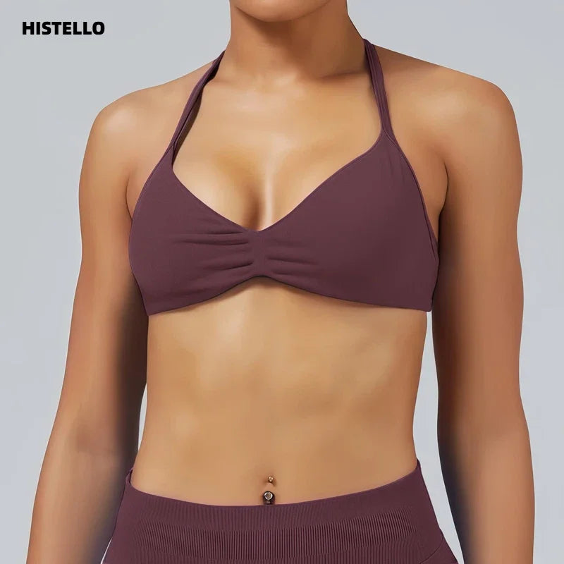 HISTELLO Strappy Bra Women Seamless Gym Underwear High Support Halter Sexy Sports Pilates Clothing Push-up Yoga Workout Tank Top - Matrix Studios