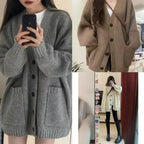 Korean College Style Single Breasted Cardigans Loose and Lazy V-neck Big Pocket Knitted Cardigan Women's Popular Coat Sweater - Matrix Studios