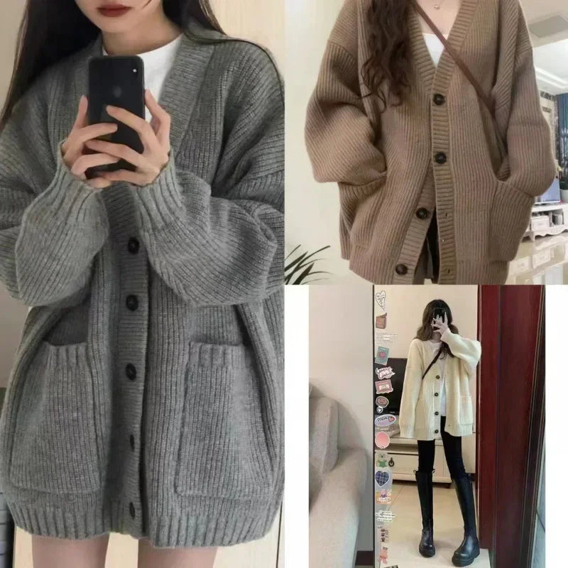 Korean College Style Single Breasted Cardigans Loose and Lazy V-neck Big Pocket Knitted Cardigan Women's Popular Coat Sweater - Matrix Studios