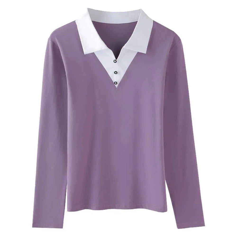 European Station Long sleeved T-shirt Women's Spring/Summer New High end Fashion Contrast Color Polo Neck Slim Fit Casual Top - Matrix-studios.com
