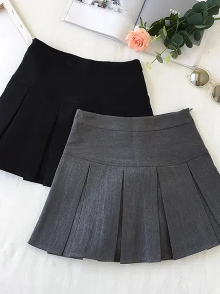 ZOKI Vintage Gray Pleated Skirt Women Kawaii High Waist Mini Skirts Korean Fashion School Uniform Harajuku Streetwear Spring - Matrix-studios.com