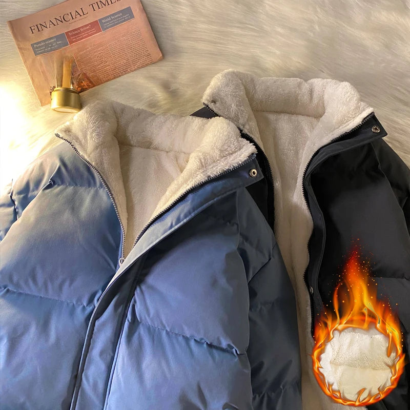 Warm Fleece Winter Lined Puffer Jackets Men Thick Parkas Casual Man Padded Down Outwear Zipper Long Sleeve Outdoor Couple Coat - Matrix Studios