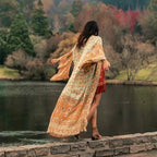 Boho Queens Women Yellow Floral Print Sashes  Kimono Ladies V Neck Batwing Sleeves Bohemian Maxi Dress Robe Cover-up - Matrix Studios