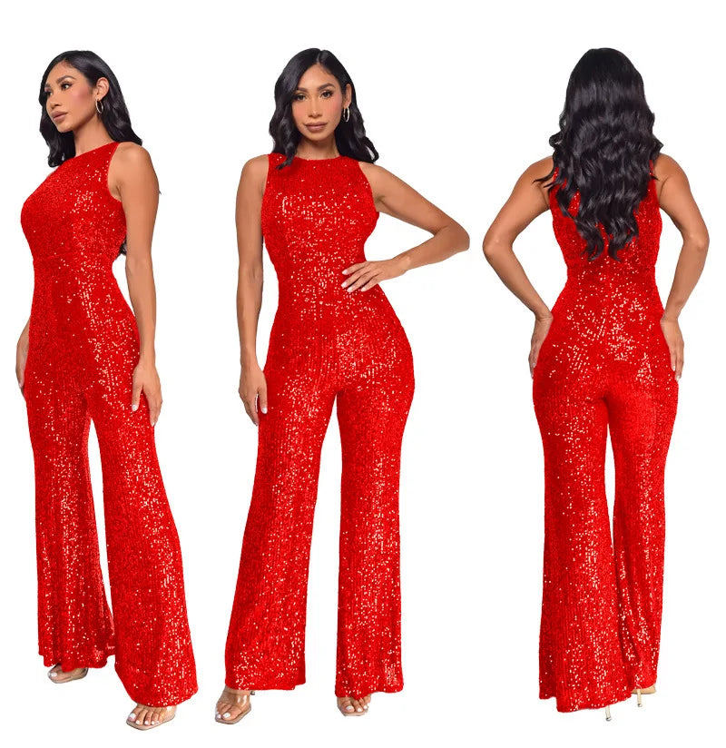Bling Bling Sequined Club Jumpsuit Sexy Women O-neck Elegant Shiny Sliver Gold Sequins Straight Romper Overalls - Matrix Studios