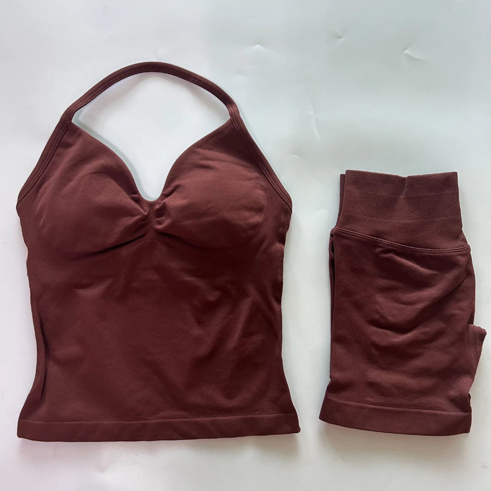 No Logo 2Pcs Gym Set Women Backless Tank Tops High Waist Scrunch Seamless Shorts Gym Suit Fitness Clothes Activewear Workout Set - Matrix-studios.com